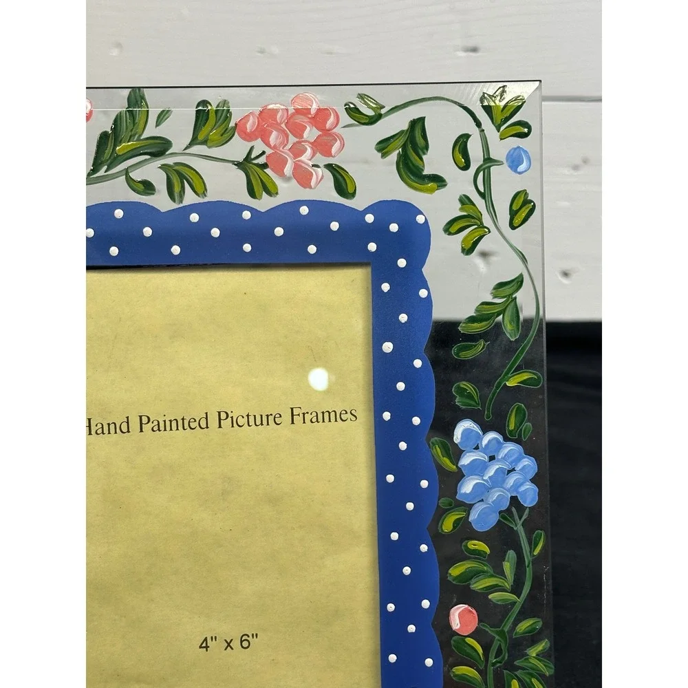 Vintage Hand Painted Glass Floral Picture Frame 4x6 Blue Polka Dot Scalloped